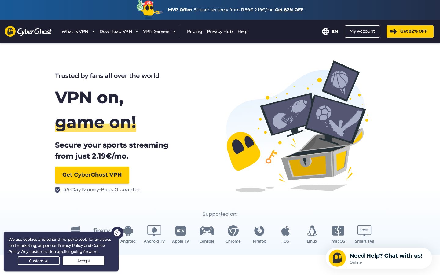 cyberghostvpn.com homepage hero: “VPN on, game on!” — secure your sports streaming from 2.19€/mo, 45-day money-back guarantee