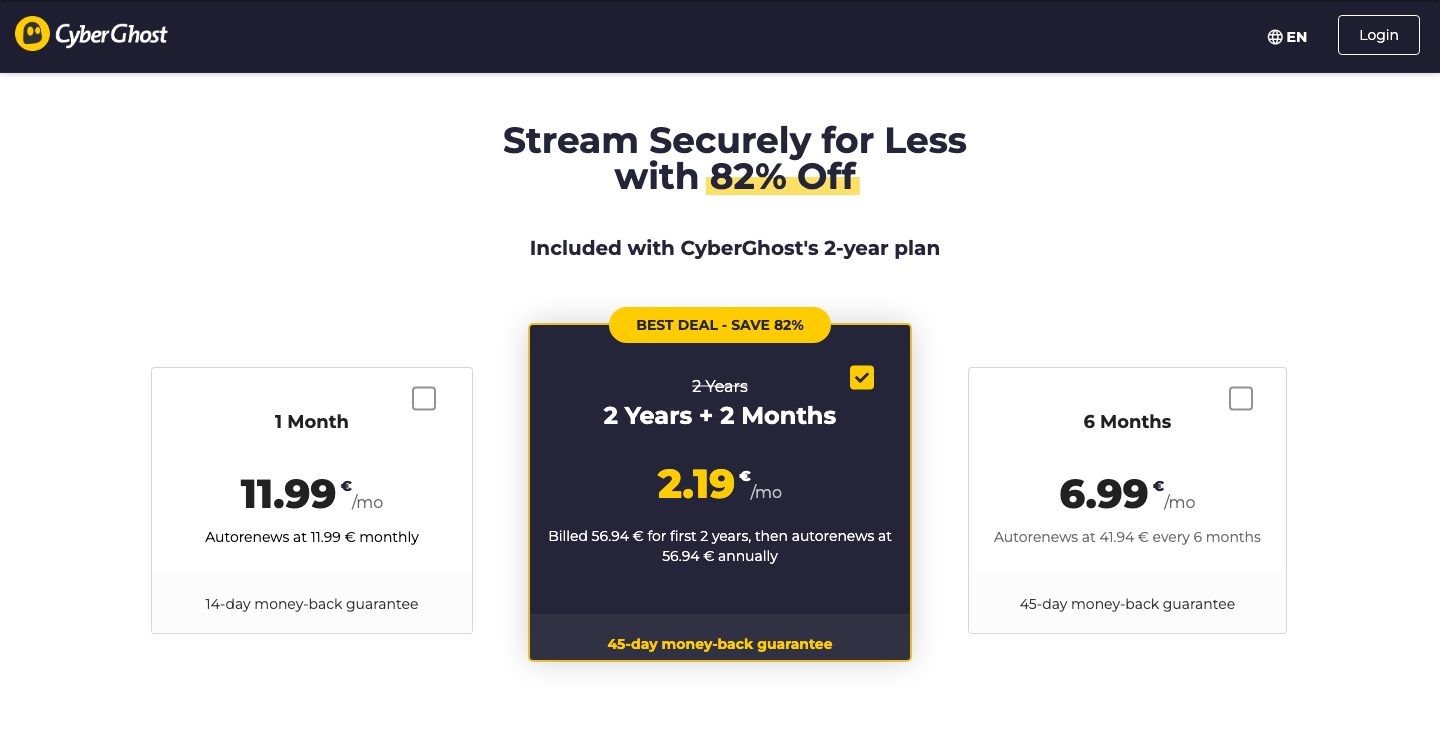 cyberghostvpn.com/buy pricing table: 1 Month 11.99€/mo, 2 Years + 2 Months 2.19€/mo billed 56.94€ then 56.94€ annually, 6 Months 6.99€/mo