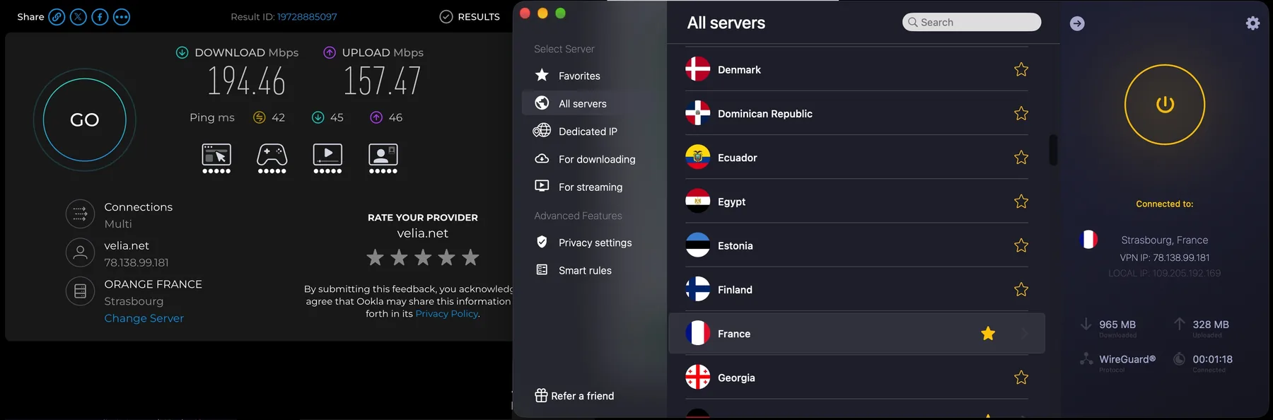Speedtest, подключение к Страсбург: 194,46 Мбит/с загрузка, 157,47 отдача, пинг 42 мс.