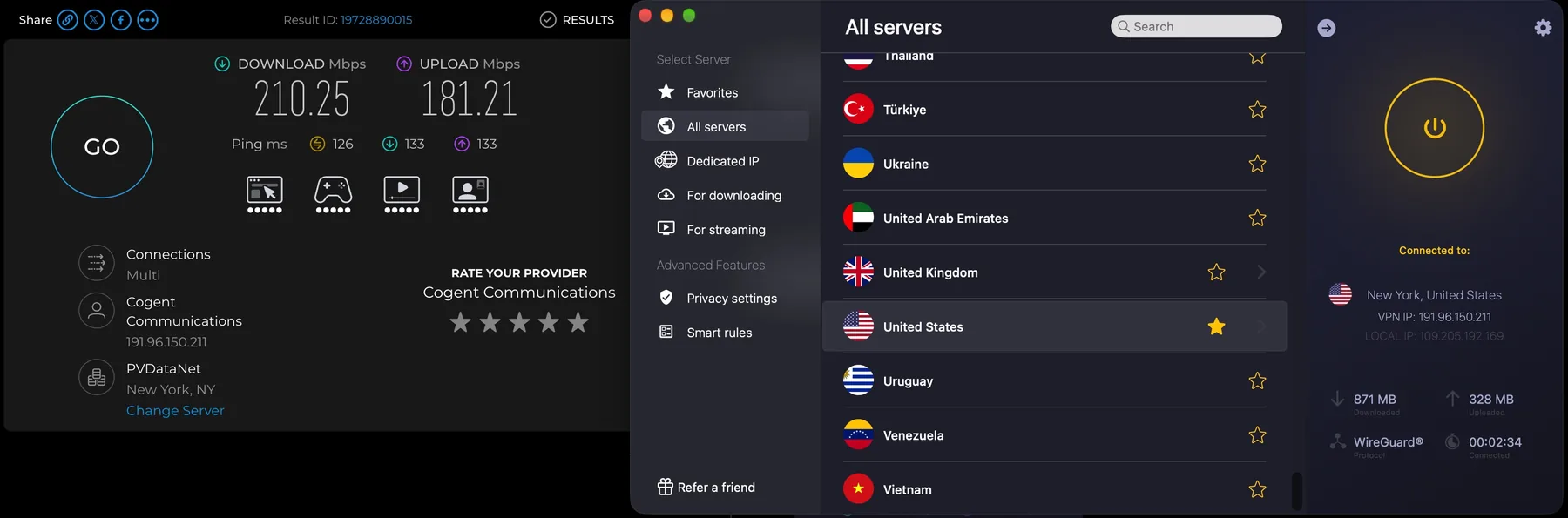 Speedtest, подключение к Нью-Йорк: 210,25 Мбит/с загрузка, 181,21 отдача, пинг 126 мс.